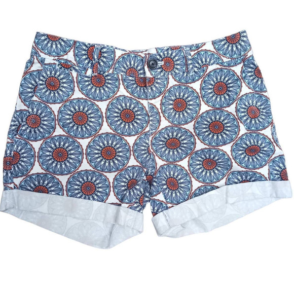 Banana Republic Pants - Banana Republic Women Sz 0 White Blue Coral Shorts Boho Mandala Cuff Denim